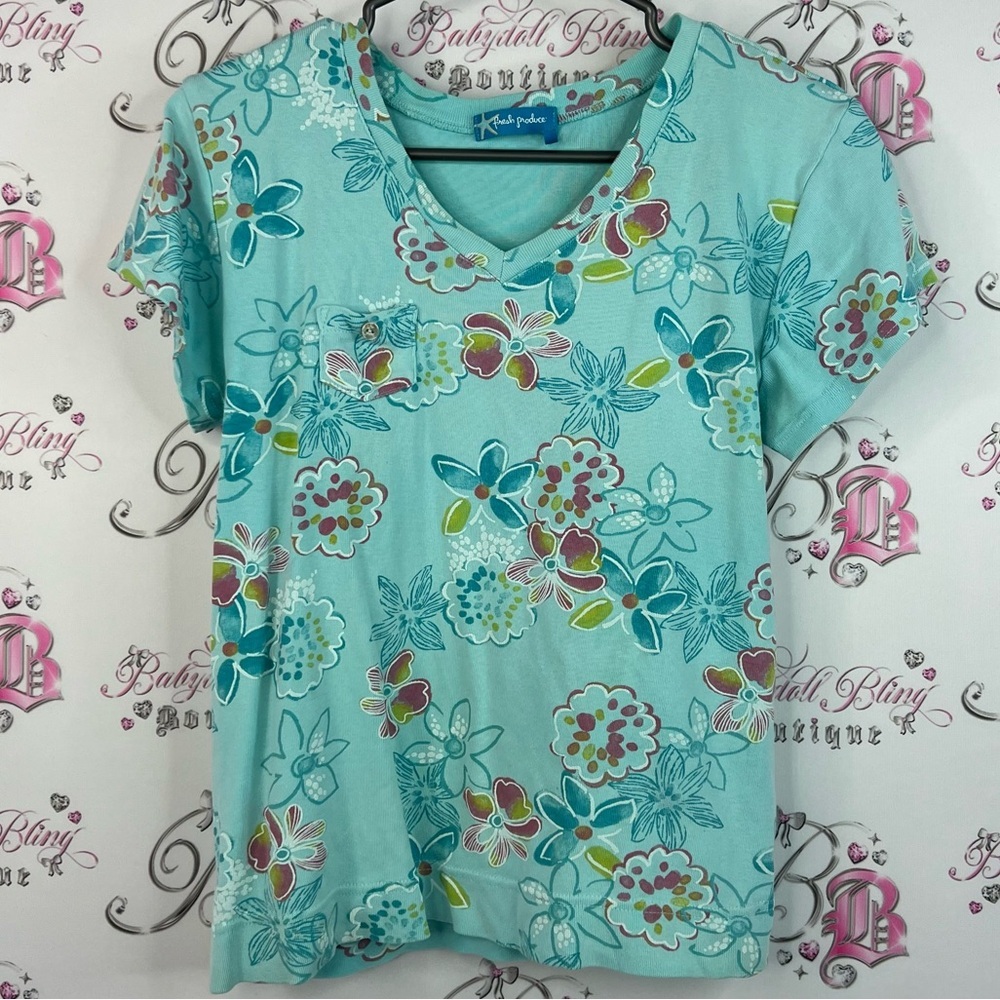 Fresh Produce tshirt tee flowers blue green Aqua Floral Short Sleeve Top